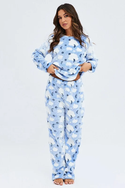 Blue Print Fluffy Fleece Pyjama Stars and Moon Pj Set