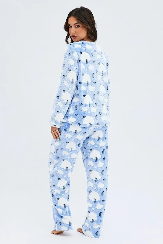 Blue Print Fluffy Fleece Pyjama Stars and Moon Pj Set