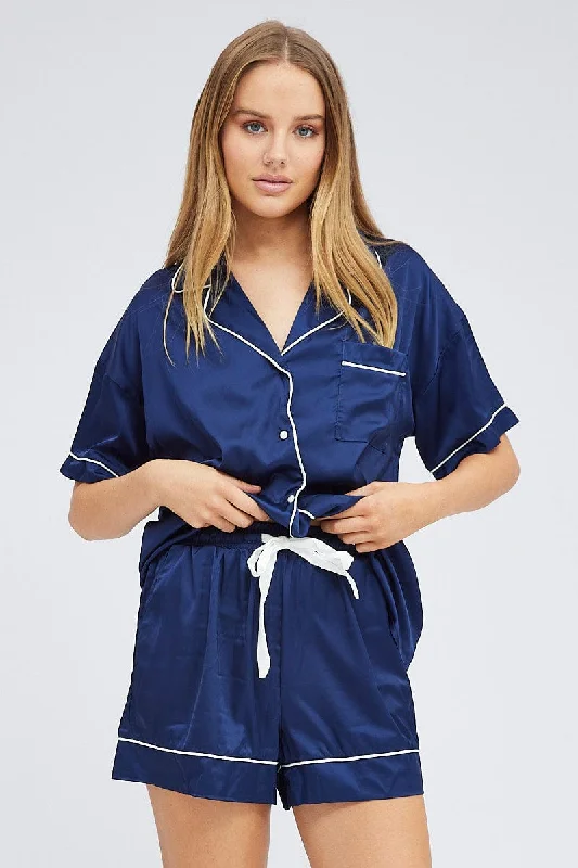 Blue Pyjama Set Short Sleeve Satin Piping PJ