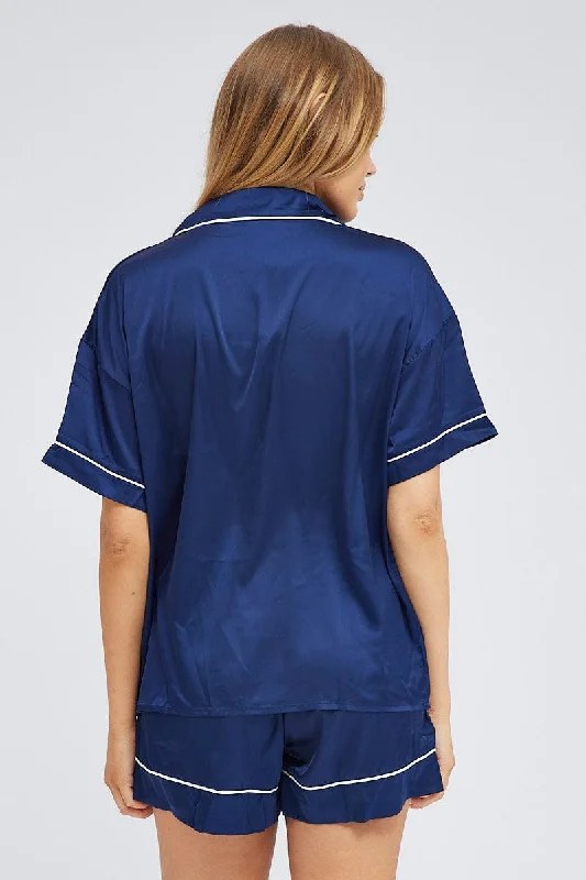 Blue Pyjama Set Short Sleeve Satin Piping PJ