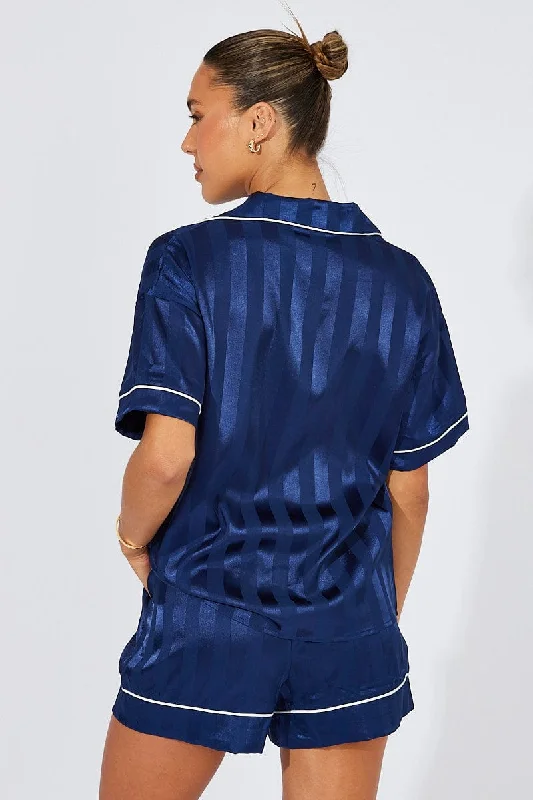 Blue Stripe Satin Pajamas Set Short Sleeve