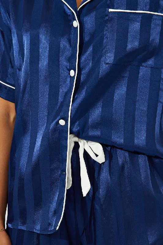 Blue Stripe Satin Pajamas Set Short Sleeve