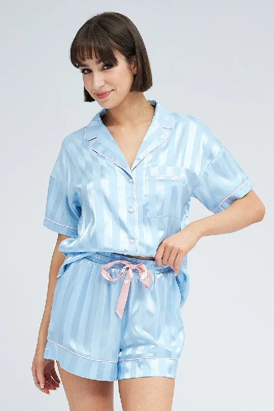 Blue Stripe Satin Pj Jacquard Stripe Piping Pyjama Set