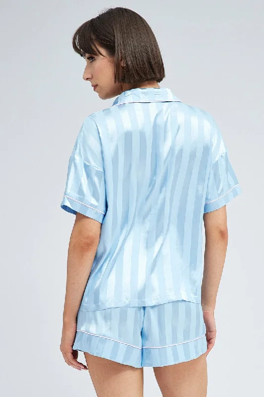 Blue Stripe Satin Pj Jacquard Stripe Piping Pyjama Set