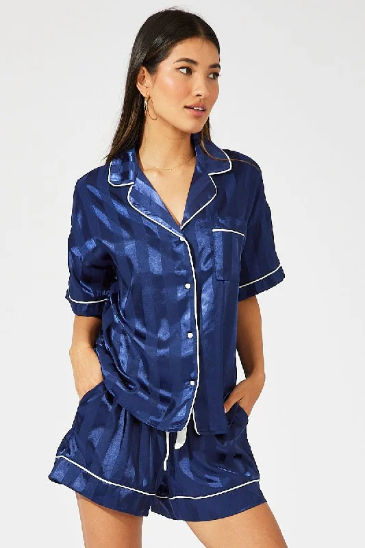 Blue Stripe Satin Stripe Pj Contrast Piping Pyjama Set