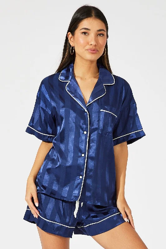 Blue Stripe Satin Stripe Pj Contrast Piping Pyjama Set