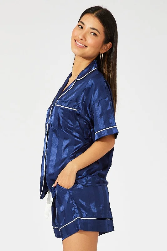 Blue Stripe Satin Stripe Pj Contrast Piping Pyjama Set