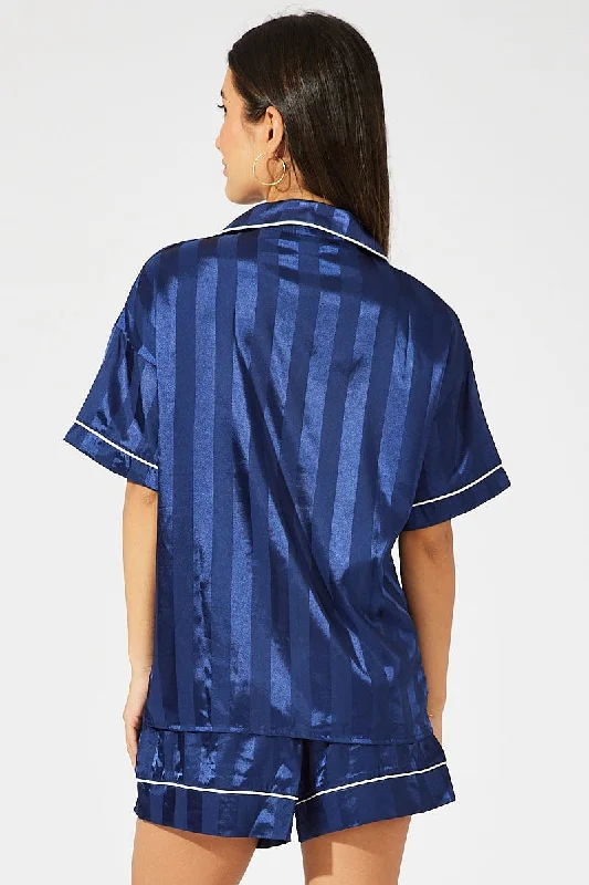 Blue Stripe Satin Stripe Pj Contrast Piping Pyjama Set