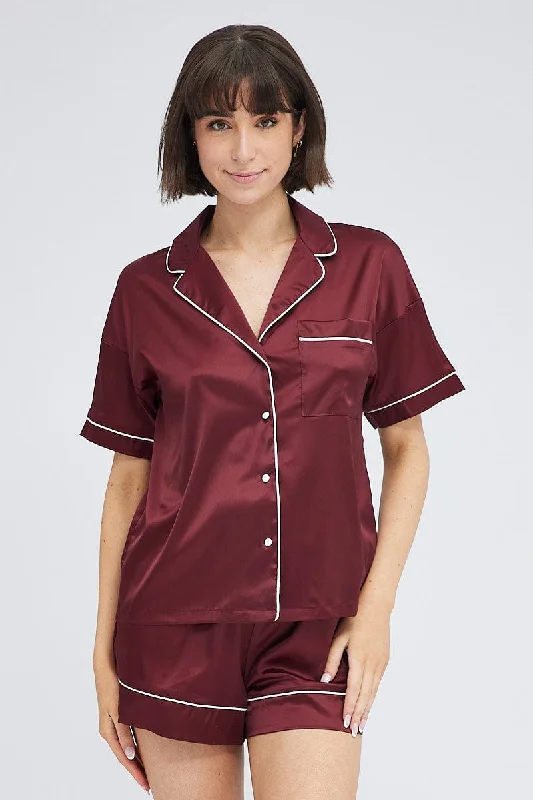 Brown Satin Pj Piping Button Through Pyjama Set