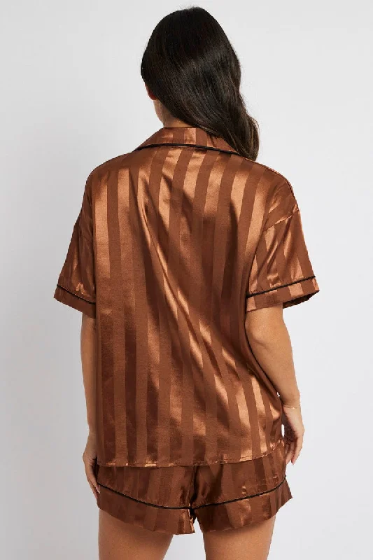 Brown Stripe Satin Pj Jacquard Stripe Piping Pyjama Set