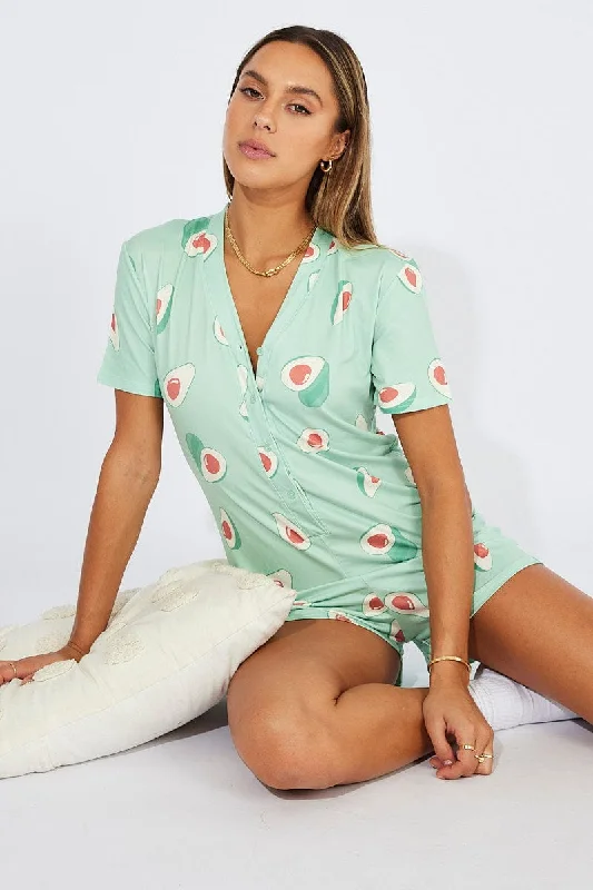 Green Print Avocado Romper Button Through Nightwear Onesie