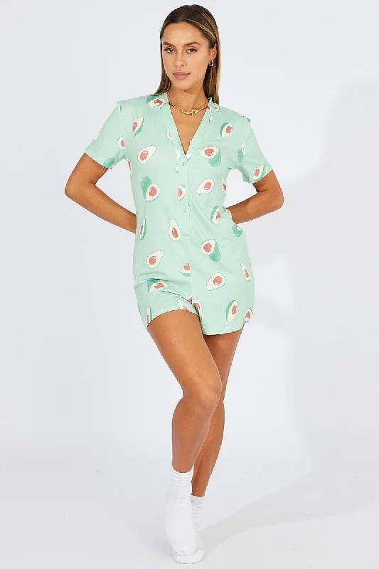 Green Print Avocado Romper Button Through Nightwear Onesie