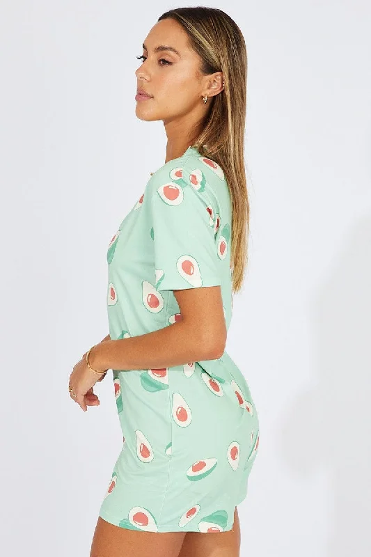 Green Print Avocado Romper Button Through Nightwear Onesie