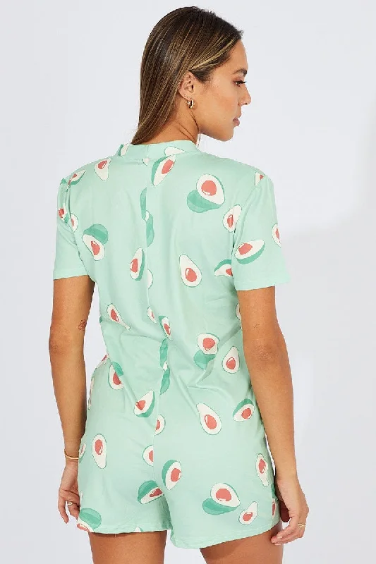 Green Print Avocado Romper Button Through Nightwear Onesie