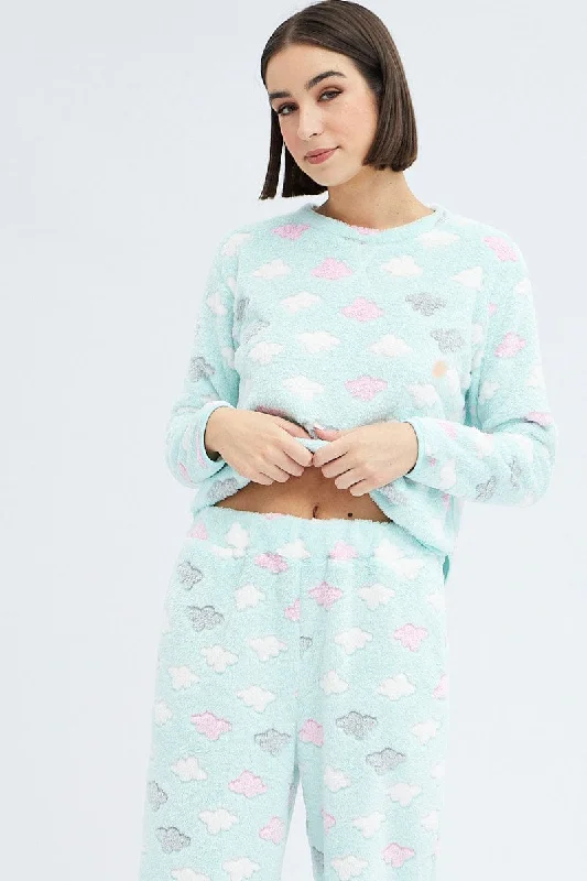 Green Print Fluffy Pj Mint Cloud Print Cosy Pyjama Set