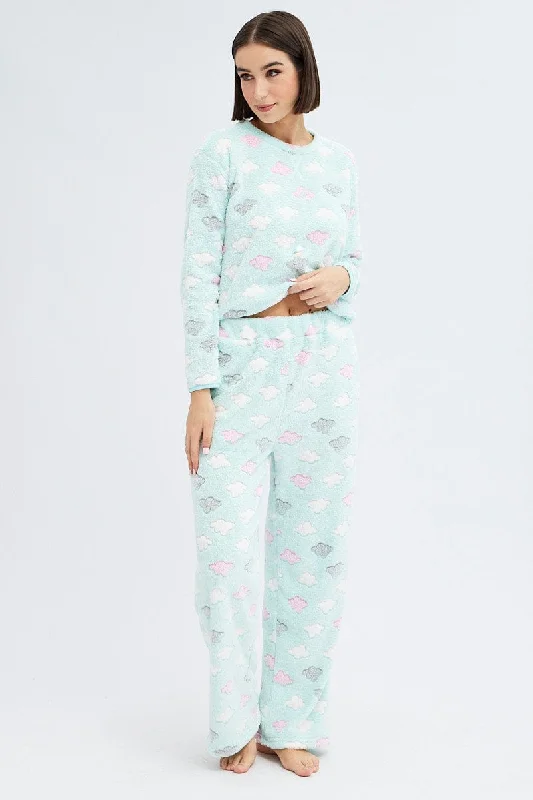 Green Print Fluffy Pj Mint Cloud Print Cosy Pyjama Set