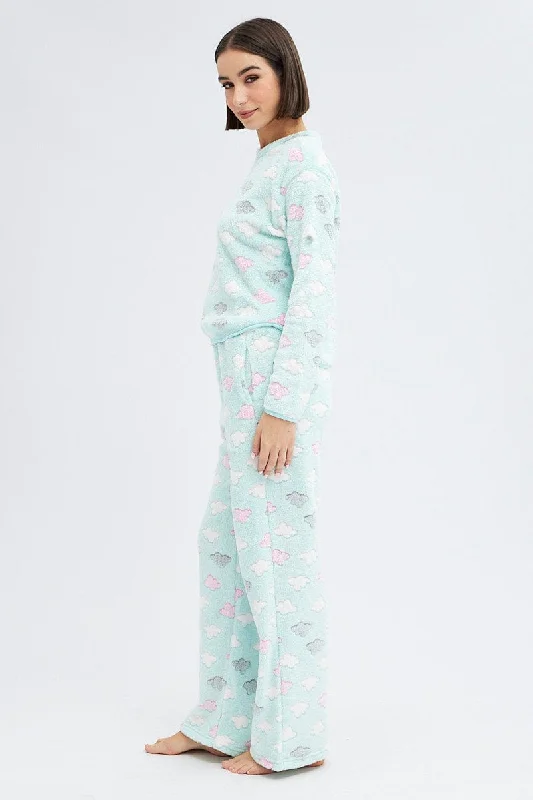 Green Print Fluffy Pj Mint Cloud Print Cosy Pyjama Set