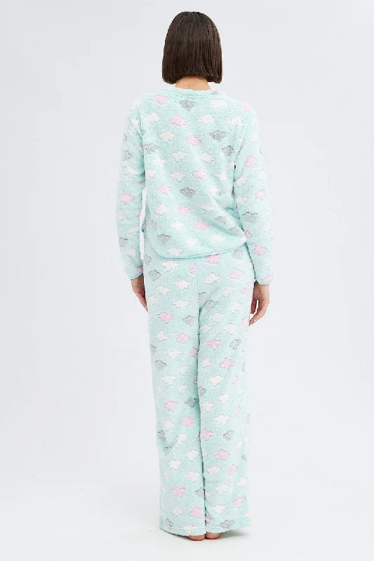 Green Print Fluffy Pj Mint Cloud Print Cosy Pyjama Set