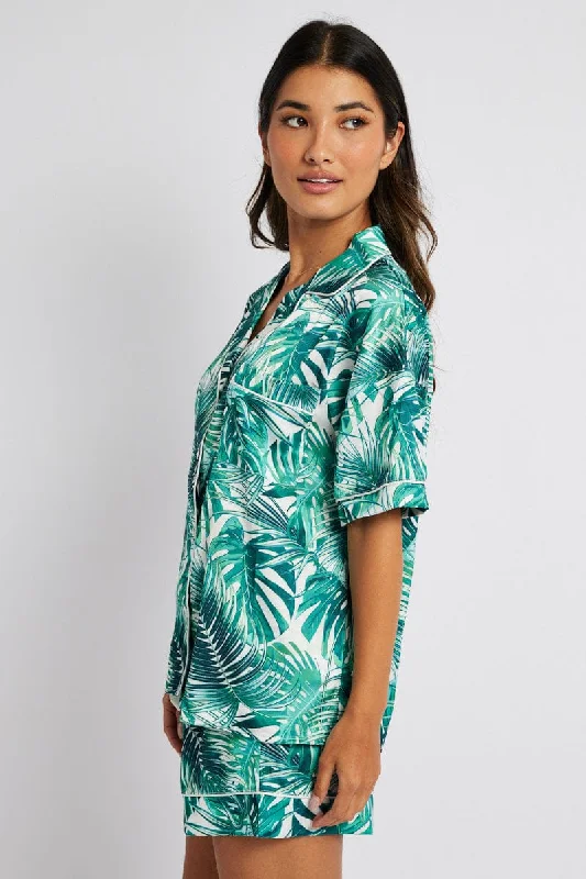 Green Print Palm Print Pj Contrast Piping Pyjama Set