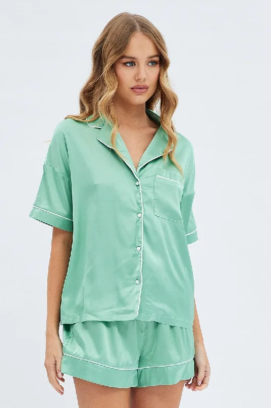 Green Satin Pj Piping Button Through Pyjama Set