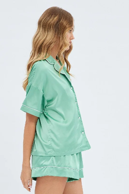 Green Satin Pj Piping Button Through Pyjama Set