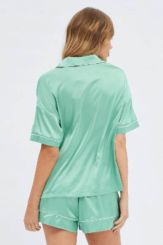 Green Satin Pj Piping Button Through Pyjama Set