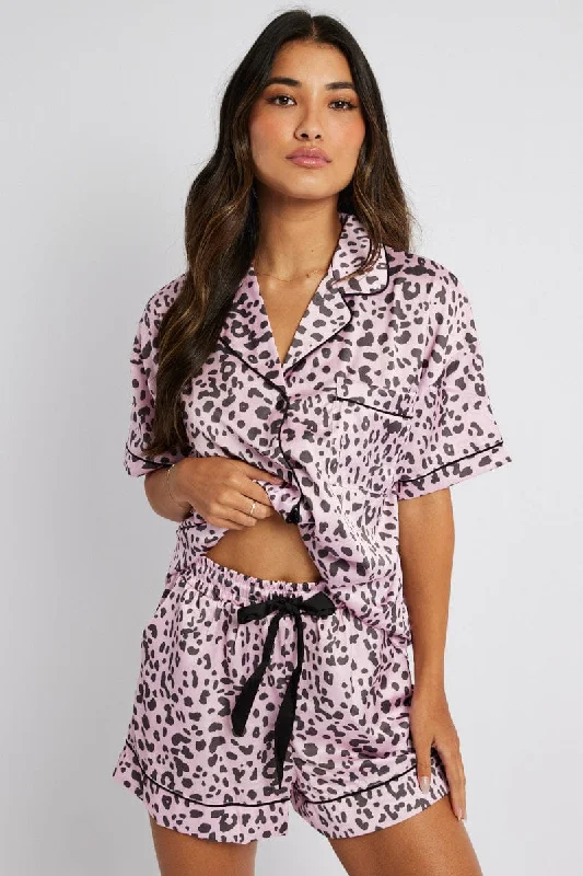 Pink Animal Print Pyjama Set Satin Short Sleeve Black Piping PJ