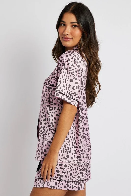 Pink Animal Print Pyjama Set Satin Short Sleeve Black Piping PJ