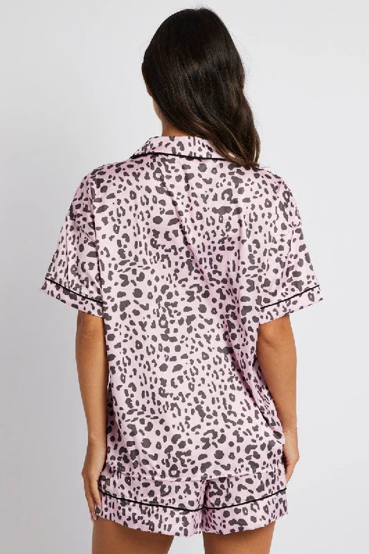 Pink Animal Print Pyjama Set Satin Short Sleeve Black Piping PJ