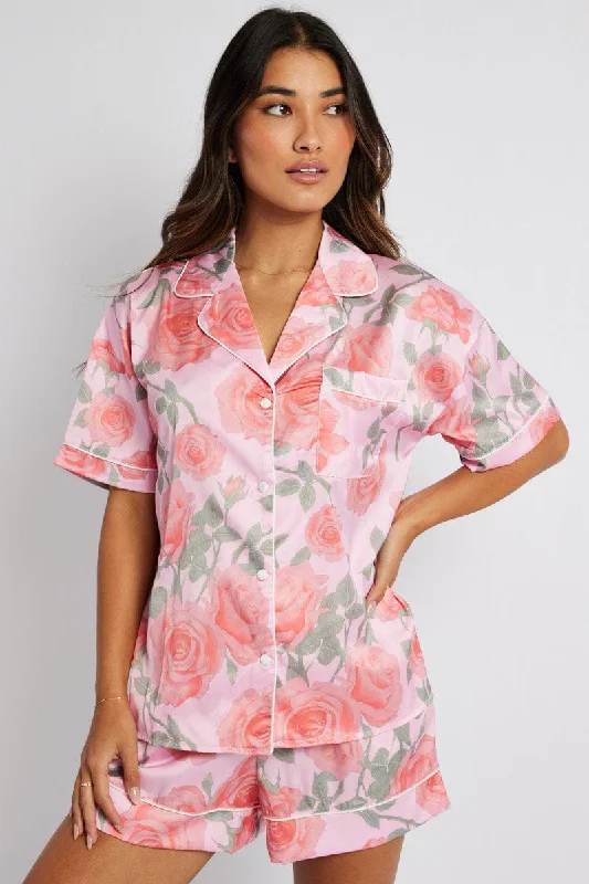 Pink Floral Pyjama Set Satin Short Sleeve Piping PJ