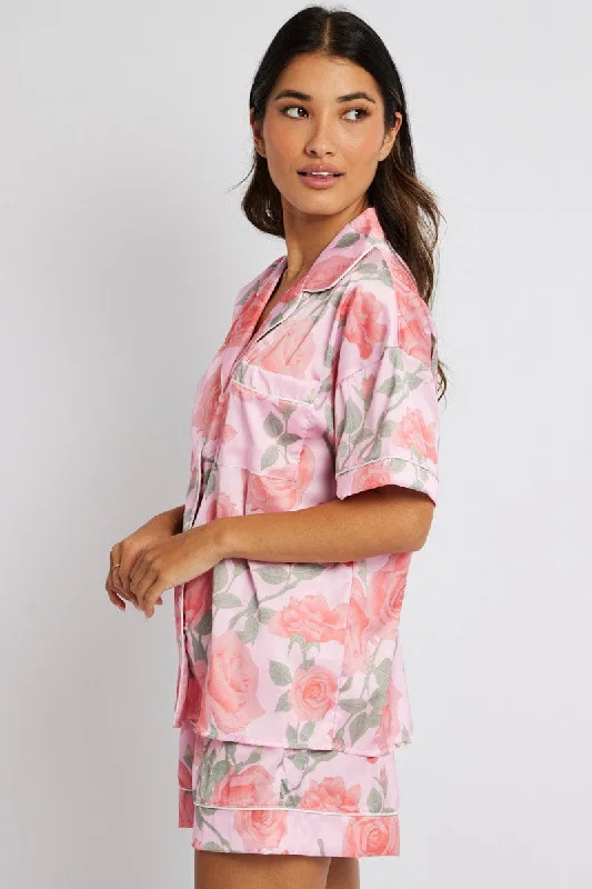 Pink Floral Pyjama Set Satin Short Sleeve Piping PJ