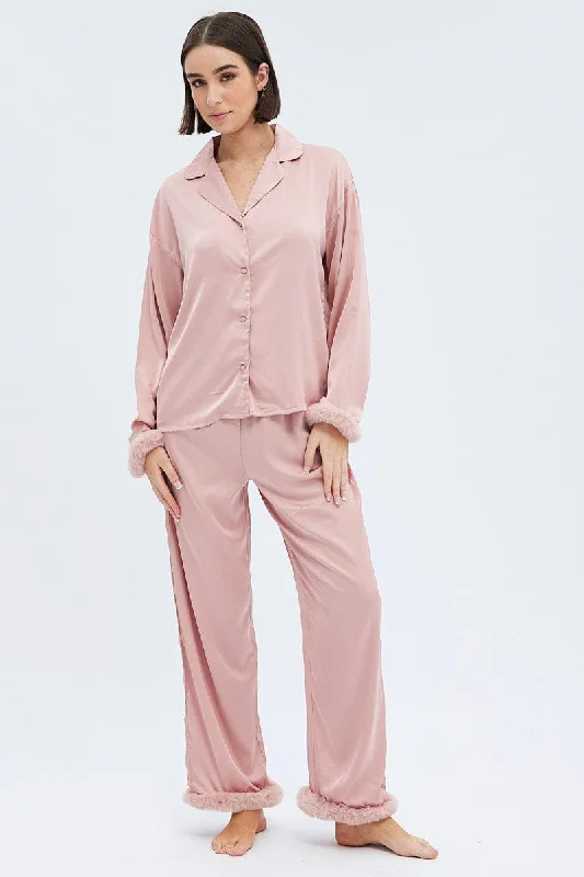 Pink Fur PJ Dusty Pink Satin Fluffy Trim Pyjama Set