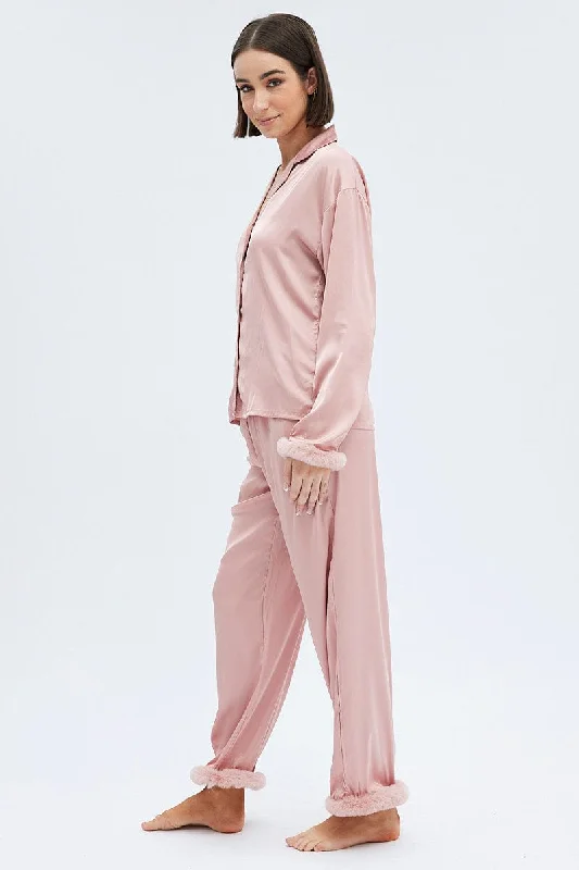 Pink Fur PJ Dusty Pink Satin Fluffy Trim Pyjama Set