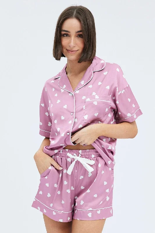 Pink Polka Dot Pink Satin Hearts Contrast Piping Pyjama Set