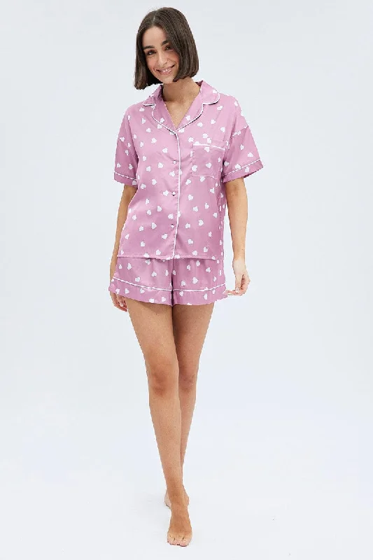 Pink Polka Dot Pink Satin Hearts Contrast Piping Pyjama Set