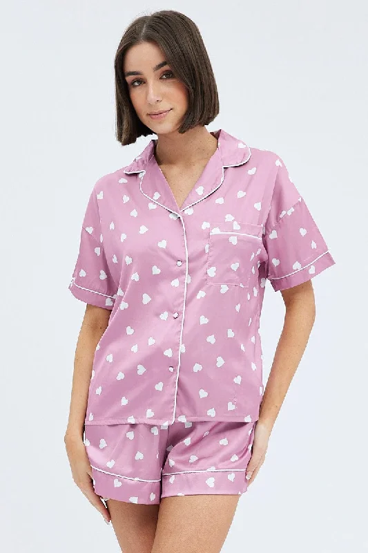 Pink Polka Dot Pink Satin Hearts Contrast Piping Pyjama Set