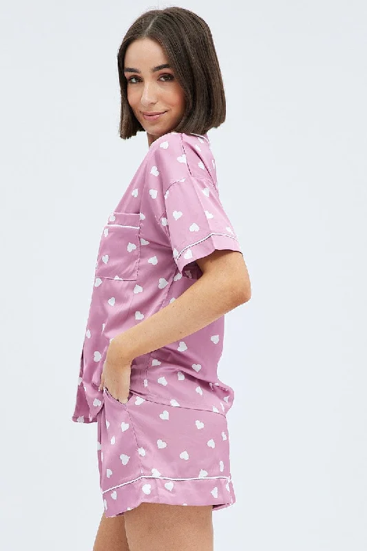 Pink Polka Dot Pink Satin Hearts Contrast Piping Pyjama Set