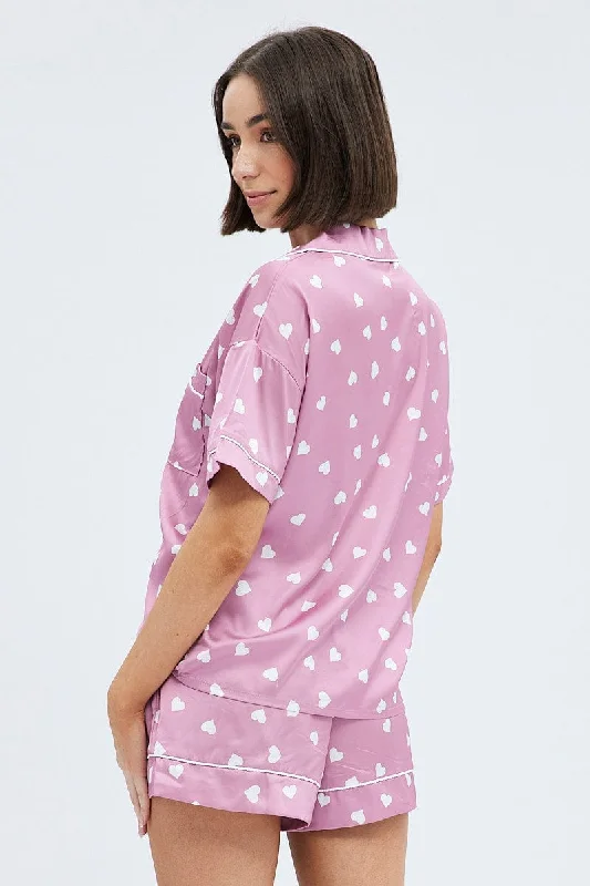 Pink Polka Dot Pink Satin Hearts Contrast Piping Pyjama Set