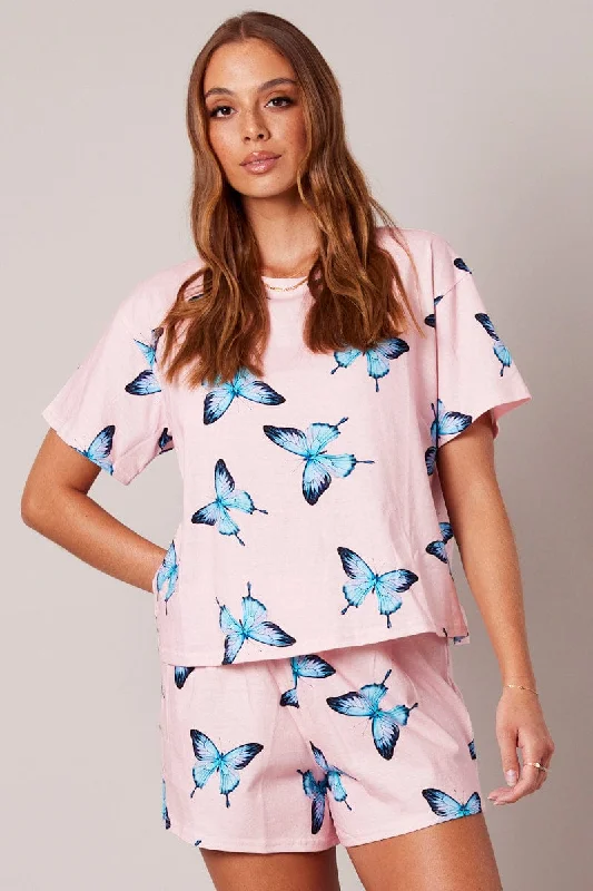 Pink Print Graphic Pj Butterfly Print Pyjama Set