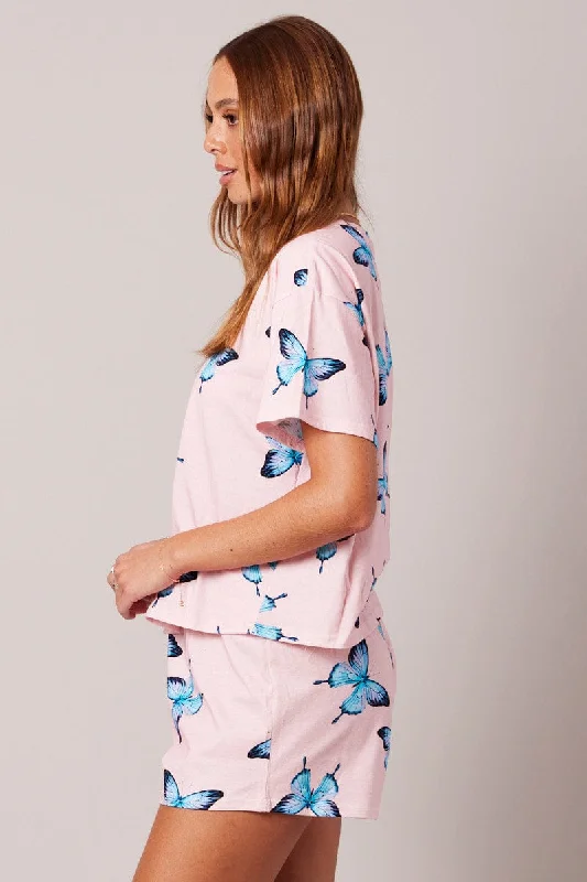 Pink Print Graphic Pj Butterfly Print Pyjama Set