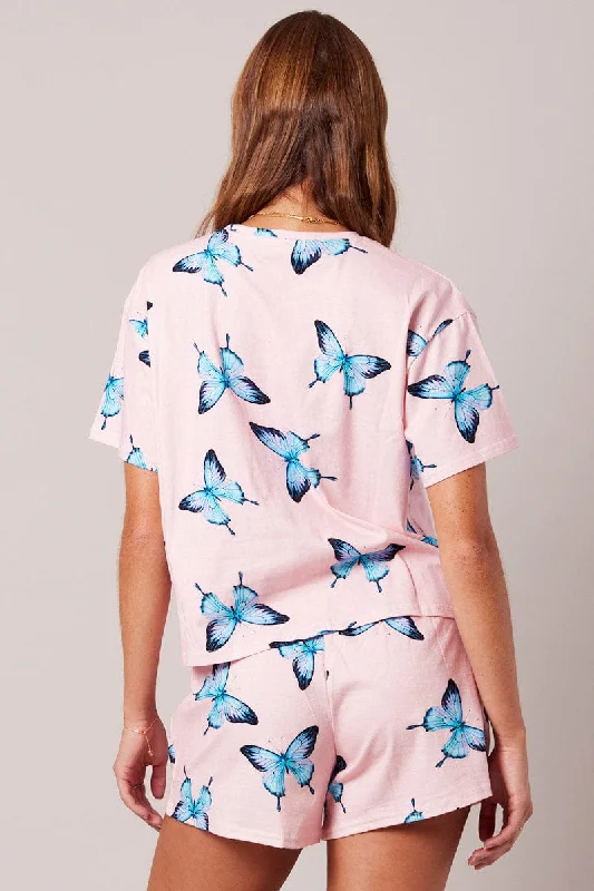 Pink Print Graphic Pj Butterfly Print Pyjama Set