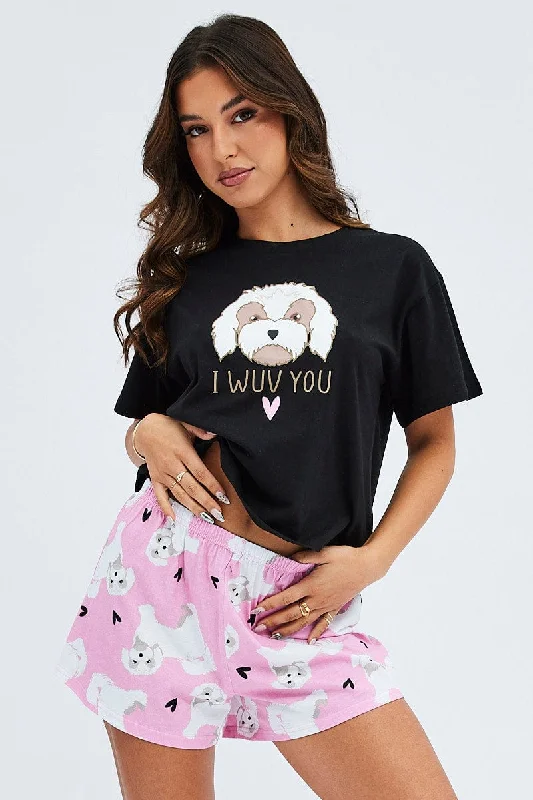 Pink Print Graphic Pj Dog and Hearts Pyjama Set