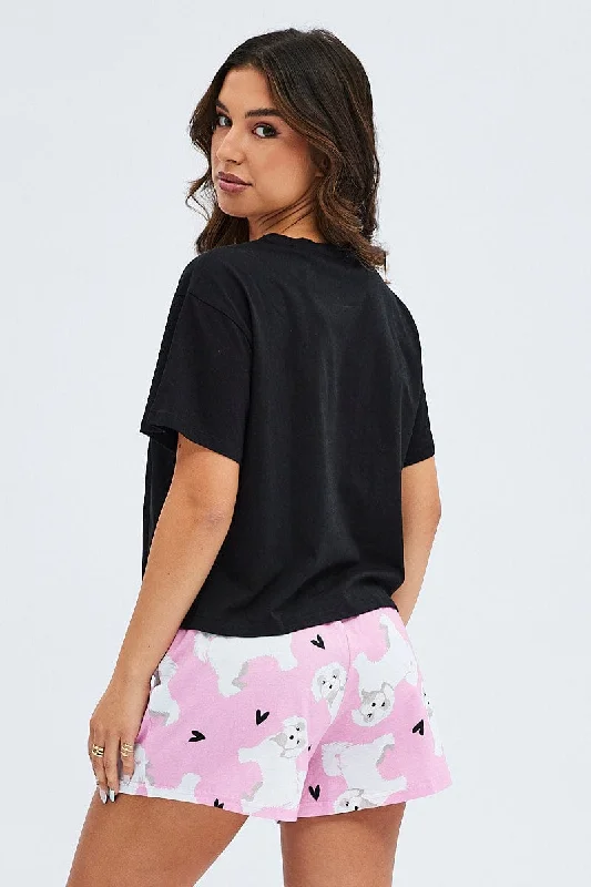 Pink Print Graphic Pj Dog and Hearts Pyjama Set