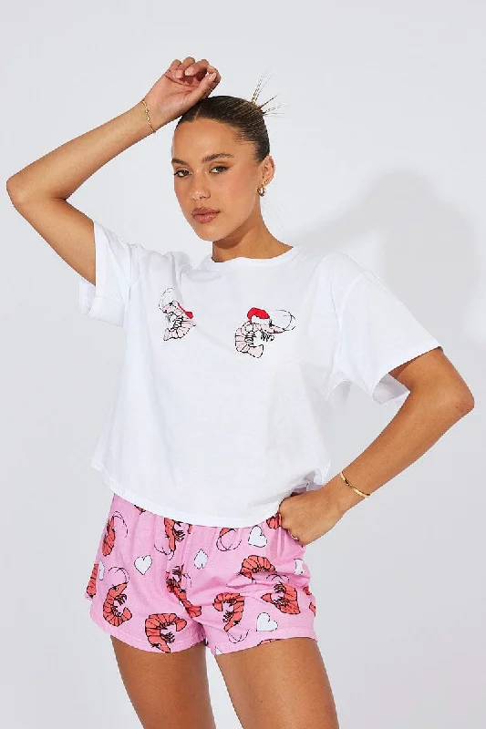 Pink Print Graphic Pyjama Set Novelty Christmas Prawn PJ Set