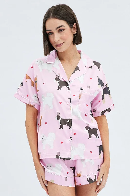 Pink Print Mixed Dogs Pj Satin Piping Detail Pyjama Set