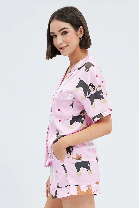 Pink Print Mixed Dogs Pj Satin Piping Detail Pyjama Set