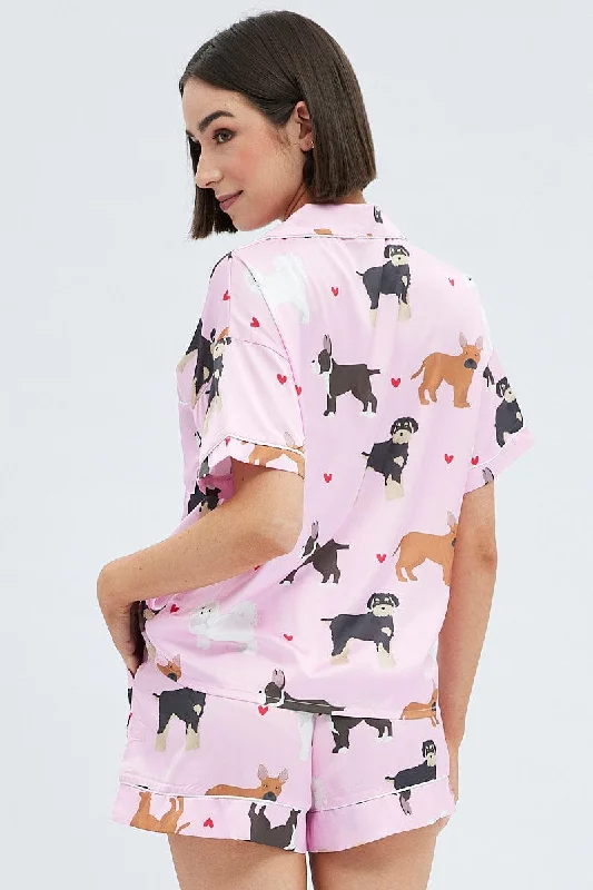 Pink Print Mixed Dogs Pj Satin Piping Detail Pyjama Set