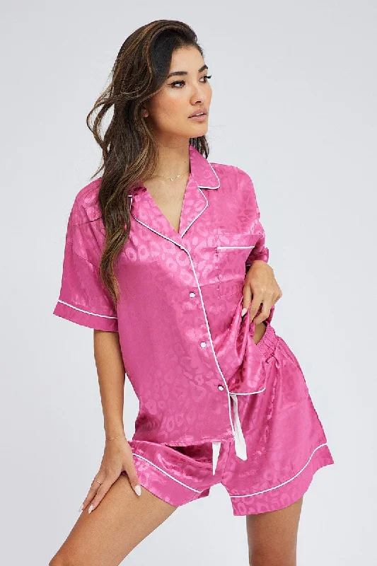 Pink Pyjama Set Leopard Jacquard Satin Piping PJ