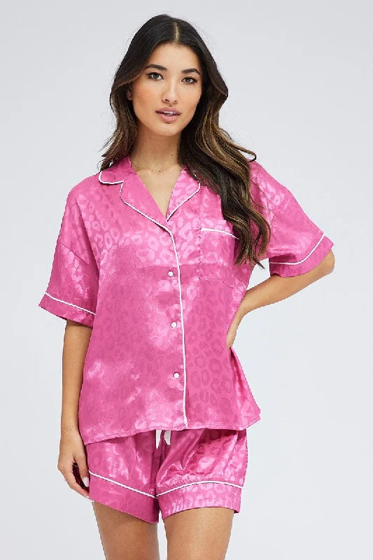 Pink Pyjama Set Leopard Jacquard Satin Piping PJ