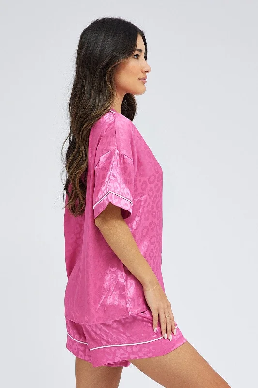 Pink Pyjama Set Leopard Jacquard Satin Piping PJ